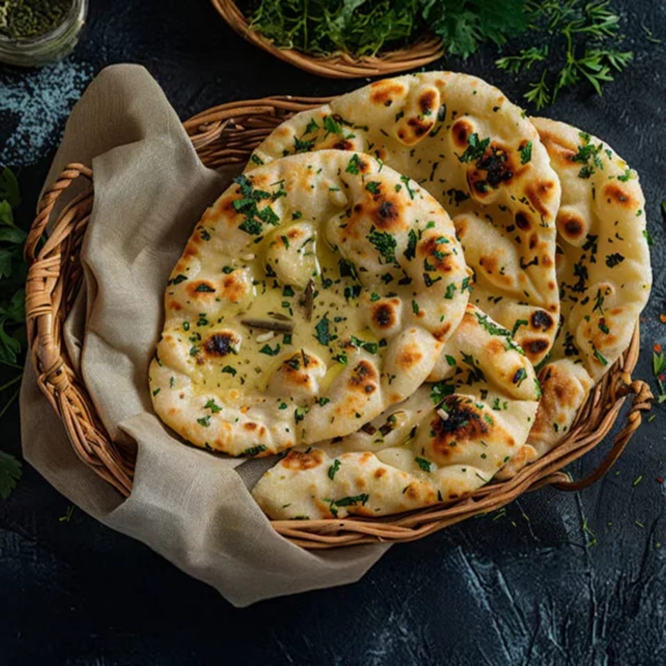 Vegan naan bread, brushed with oil and sprinkled with herbs, in a woven basket with a linen napkin.